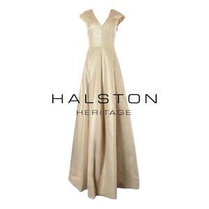 Halston Women's Pale Gold Cap Sleeve Ball Gown Formal Evening Dress Size 4